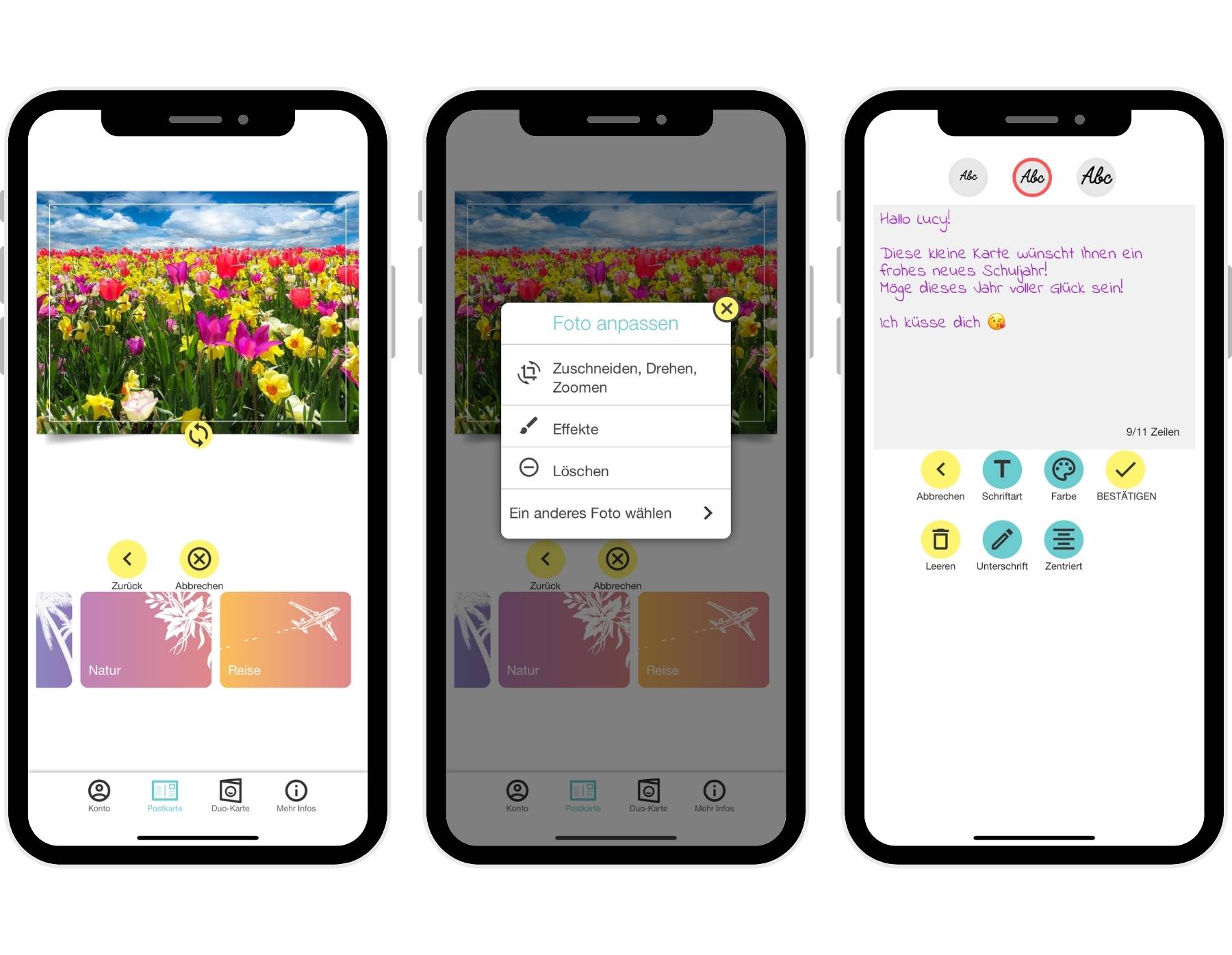 Bildschirmfotos der Postkarten-App SimplyCards